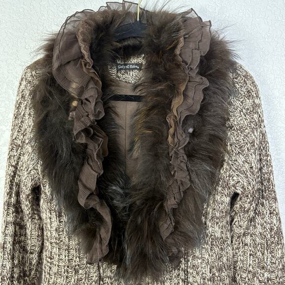 Y2K Size M Fairy Grunge Ruffled Cardigan Racoon Fur Trim Whimsigoth Brown - Picture 5 of 10